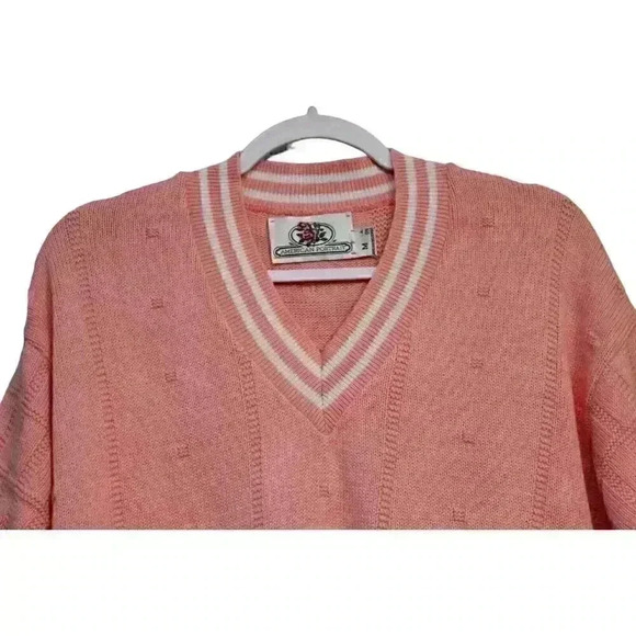 Vintage Sweater Size Medium 100% Cotton Pink Varsity Knit Preppy 80s 90s - Picture 2 of 10